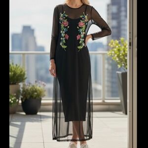 Zara BBWM Sheer Maxi Dress M Black Mesh Embroidered Floral Boho Festival Coverup